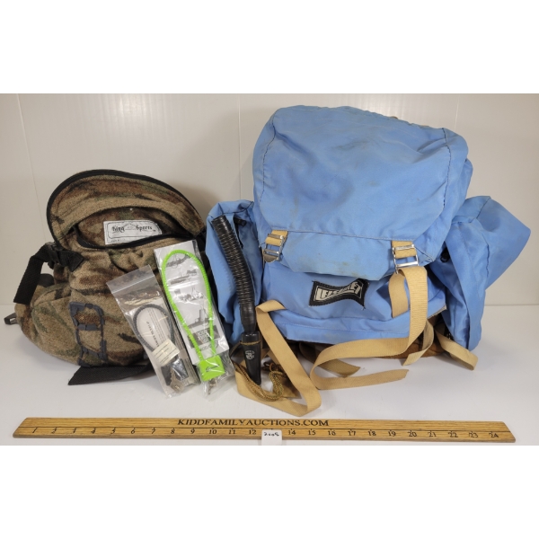 LOT OF 9 - LEISURE7 BACKPACK, KING OF THE MOUNTAIN WOOL GLOVES, HAT. GUN LOCK, ETC 