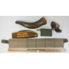 Image 2 : LOT OF 5 - GOGGLES, CARVED POWDER HORN, "WELCOMR VETERANS" CAP, OIL CAN & AMMO POUCH BELT