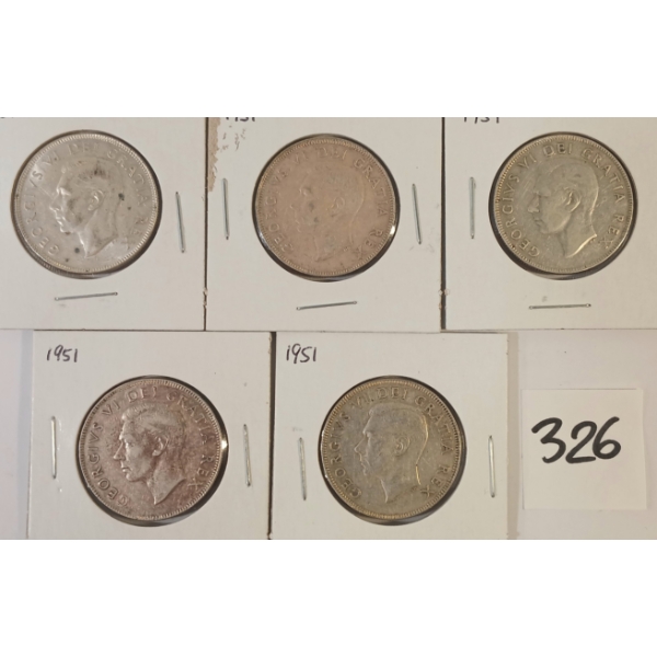LOT OF 5 - 1951 CDN SILVER HALF DOLLARS