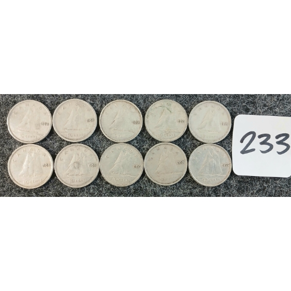 LOT OF 10 - 1954 CDN 10 CENT COINS