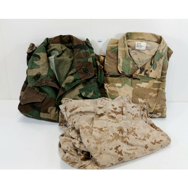LOT OF 3 - ARMY CAMO COMBAT SHIRTS & DESERT MARPAT TROUSERS