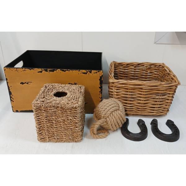 LOT OF 6 - TIN DRAWER, CAST HORSESHOE DECOR, TISSUE BOX COVER, ROPE KNOT & BASKET