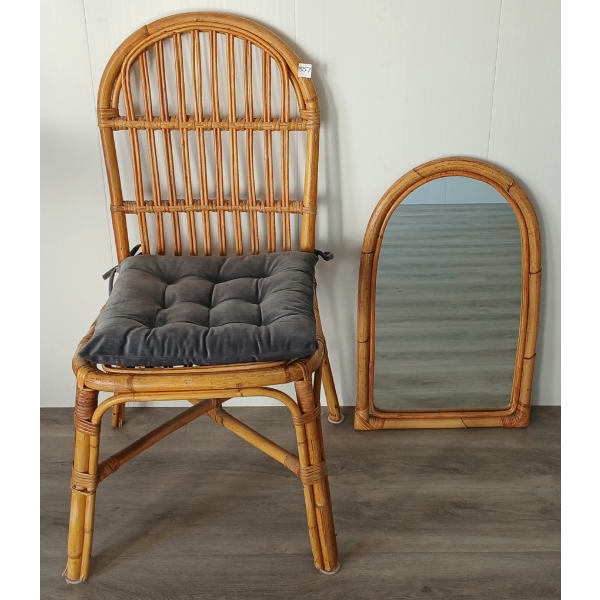 LOT OF 2 - BAMBOO FRAMED WALL MIRROR & CHAIR W/ CUSHION