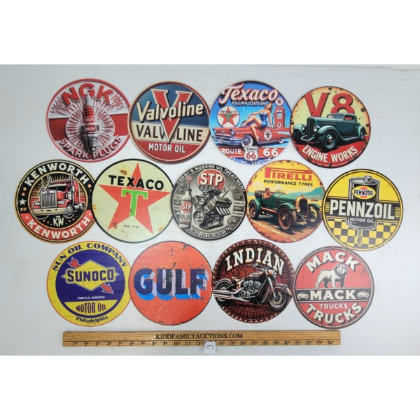 LOT OF 13 - TIN & PLASTIC GARAGE SIGNS - INCL SUNOCO, TEXACO, GULF, INDIAN MOTORCYCLE, ETC