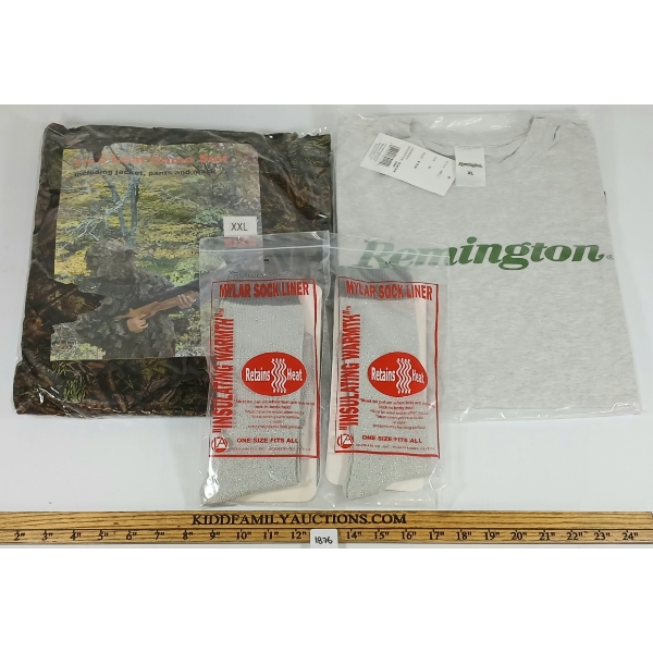 LOT OF 4 - TREE LEAF CAMO GHILLIE SUIT, REMINGTON T-SHIRT & MYLAR SOCK LINERS