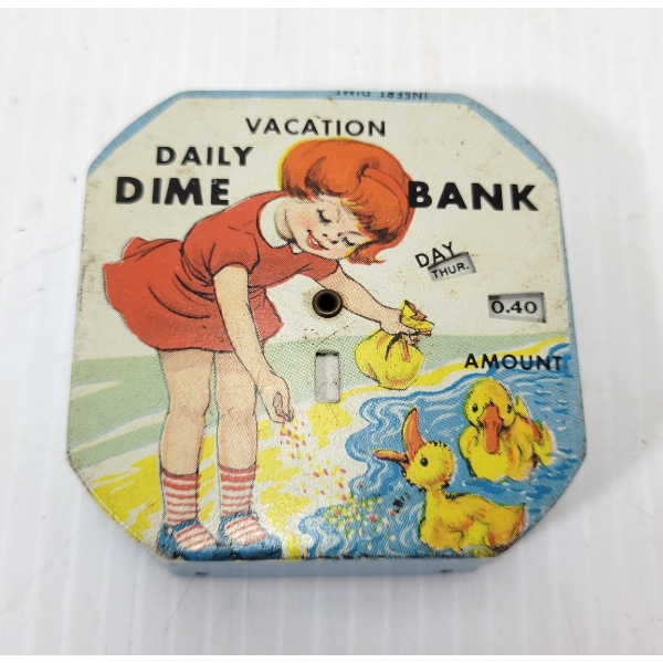 KALON MFG. VACATION DAILY DIME BANK - TIN BANK & WEEKDAY CALENDAR