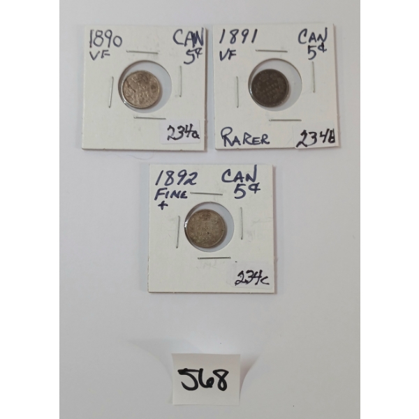 LOT OF 3 - 1890 & 1891 CDN 5 CENT SILVER COINS