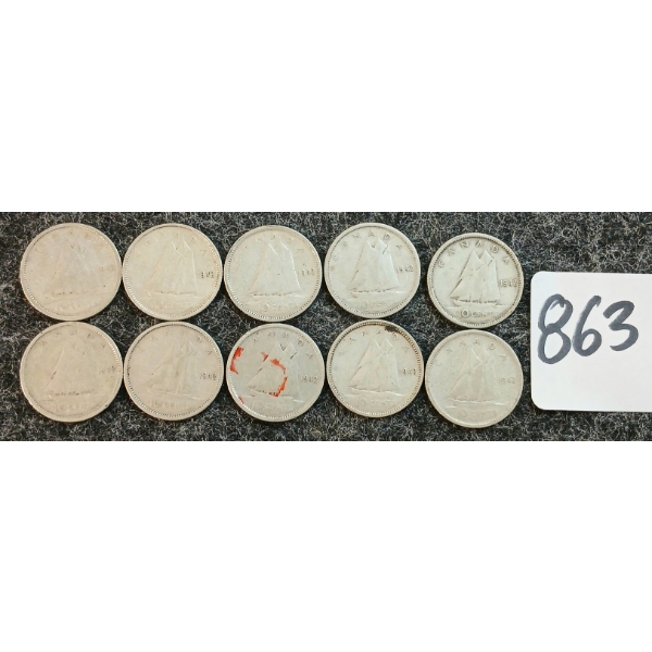 LOT OF 10 - 1942 CDN 10 CENT COINS