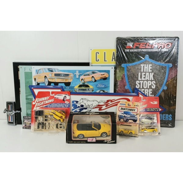 LOT OF 12 - FORD MUSTANG - MAISTO 1999 DIECAST MUSTANG GT MODEL, PARTS & SERVICE, EMBLEM, ETC