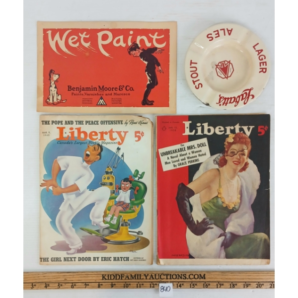 LOT OF 4 - 1938 & 1940 LIBERTY MAGAZINES, BENJAMIN MOORE & CO AD & LABATT'S ASH TRAY