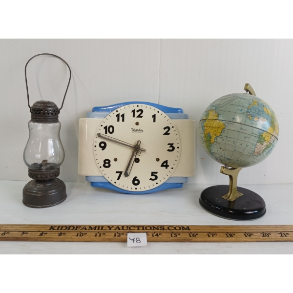 LOT OF 3 - VANDOR 8 DAY WALL MOUNT CLOCK, JEWEL LANTERN & CHADVALLEY GLOBE