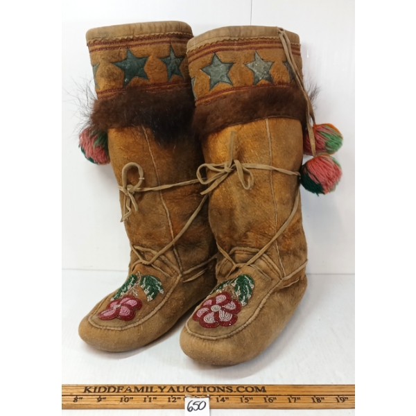 PAIR OF TALL BEADED MOOSE MUKLUKS