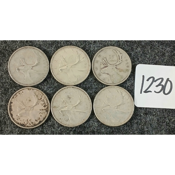 LOT OF 6 - 1944-1964 CDN 25 CENT COINS