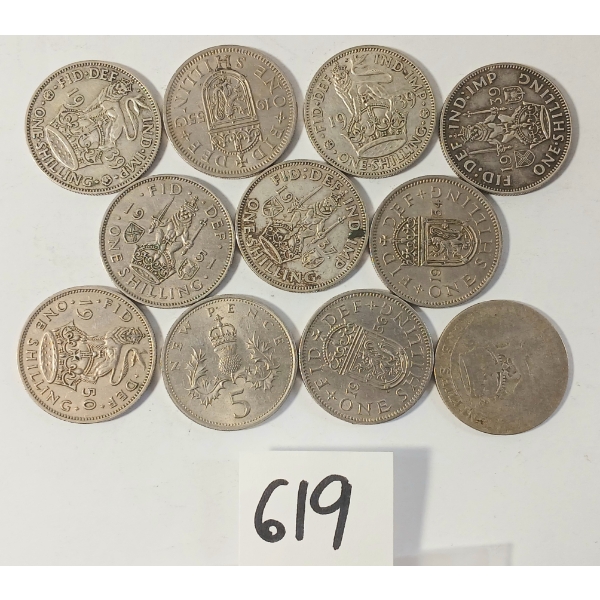 LOT OF 11 - 1937-1956 BRITISH SILVER SHILLINGS & 5 PENCE COINS