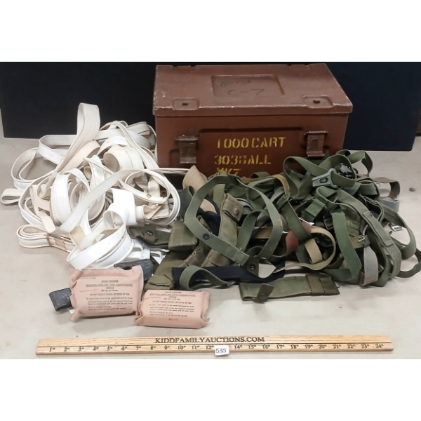 JOB LOT - CRATE W/ MISC SLINGS, FROGS, BELTS, ETC
