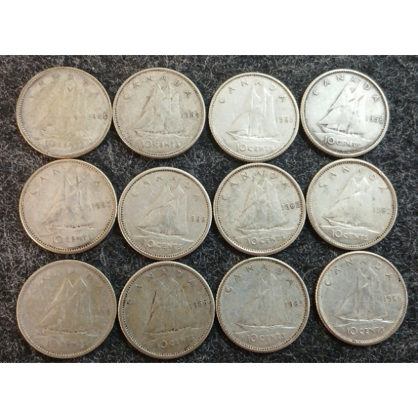 LOT OF 12 - 1944-1966 CDN 10 CENT COINS