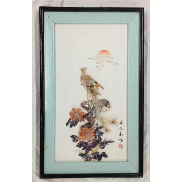 CHINESE "PHONEIX FACING THE SUN" - FRAMED SHELL-MOSAIC