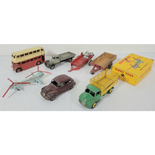 LOT OF 7 - DINKY MODEL VEHICLES - BRISTOL 173 HELICOPTER, HALESOWEN FARM TRAILER, ETC