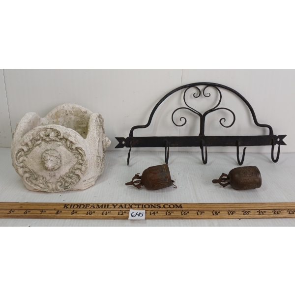 LOT OF 4 - WROUGHT IRON COAT HOOKS, NEOCLASSICAL PLANT POT & TRINKET BELLS