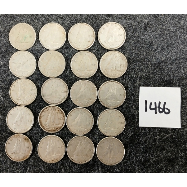 LOT OF 20 - 1953-1966 CDN 10 CENT SILVER COINS 