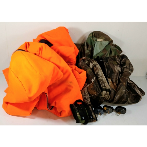 LOT OF 8 - NATURAL HABITAT OVERALLS, JACKETS, POUCH & TRIGGER LOCKS - BLAZE ORANGE & CAMO