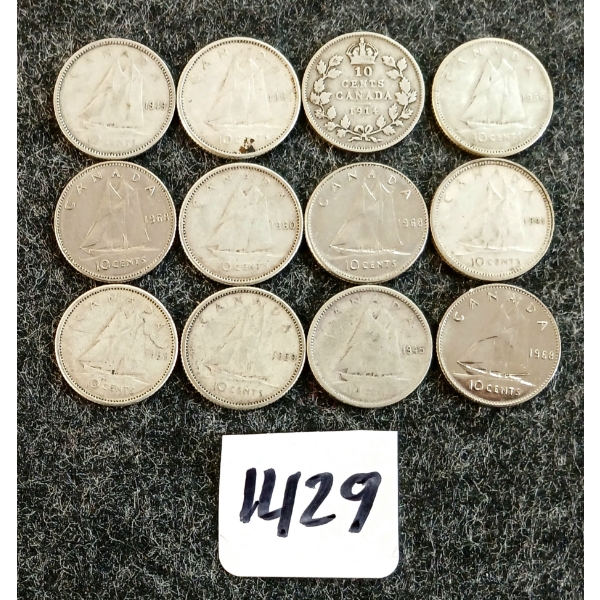 LOT OF 12 - 1914-1968 CDN 10 CENT COINS
