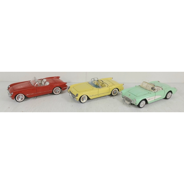LOT OF 3 - MBI DIECAST 1955 CHEVROLET CORVETTE ROADSTER, 1955 & 1957 CHEVROLETTE CORVETTE MODELS