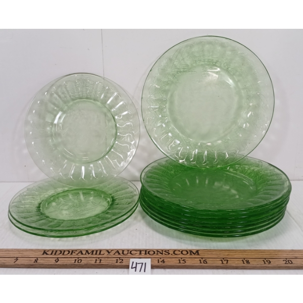LOT OF 11 - JEANNETTE POINSETTIA URANIUM DEPRESSION GLASSWARE - LUNCH & DINNER PLATES