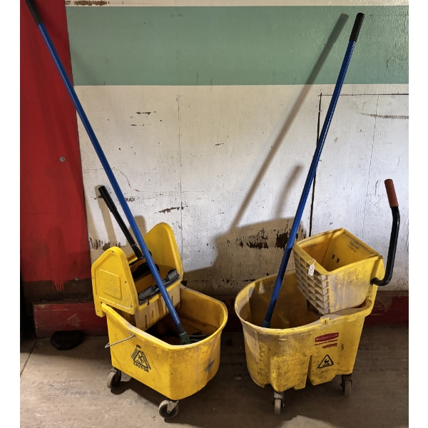 LOT OF 2 - WAVEBREAK MOP BUCKETS W/ WRINGERS & MOPS