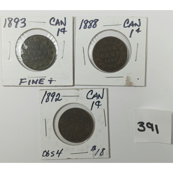 LOT OF 3 - 1888, 1892 & '93 CDN VICTORIAN LARGE PENNIES