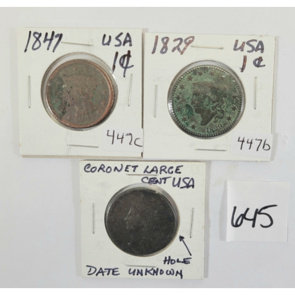 LOT OF 3 - U.S. LARGE PENNIES - INCL 1829 & 1847