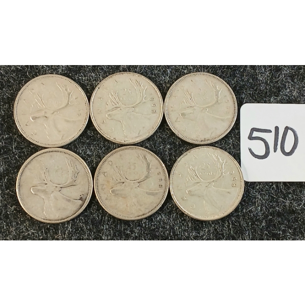 LOT OF 6 - 1955-1968 CDN 25 CENT COINS