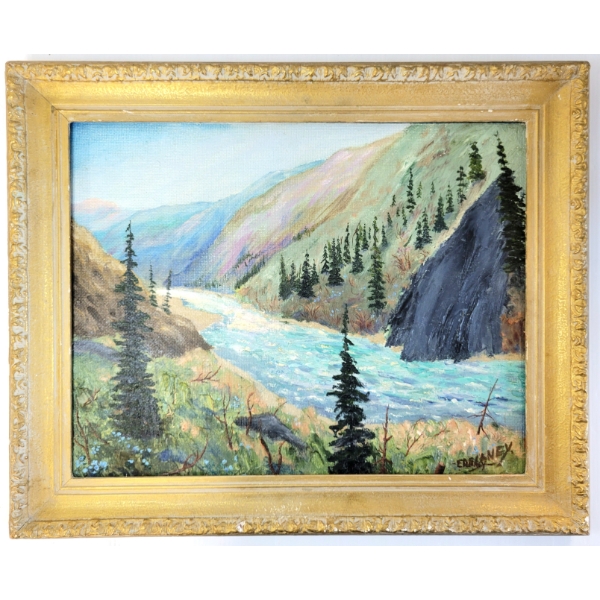 VALLEY LANDSCAPE BY E.R. DELANEY - FRAMED OIL ON CANVAS BOARD