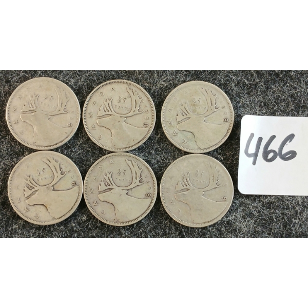 LOT OF 6 - 1938 CDN 25 CENT COINS