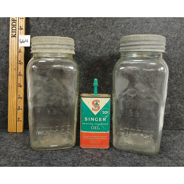 LOT OF 3 - BLUE RIBBON GLASS CANNING JARS - SINGER SEWING OIL TIN