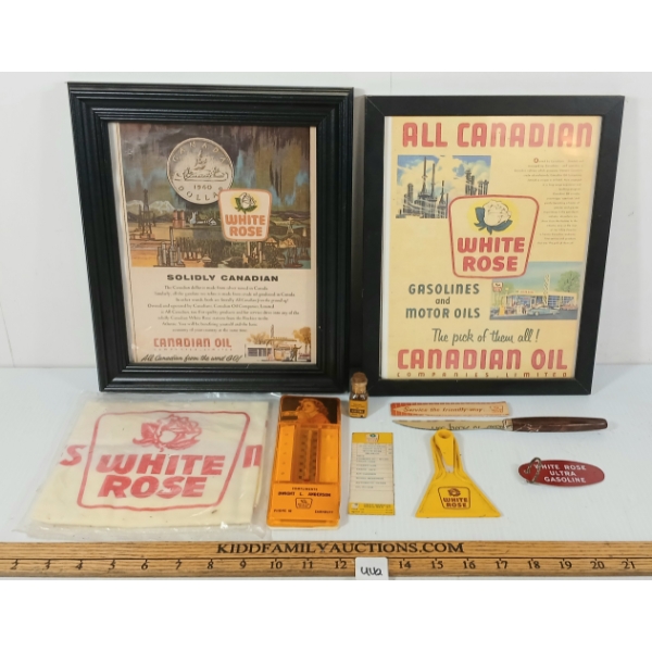 LOT OF 8 - WHITE ROSE PAPER ADVERTISEMENTS, KEY TAG, SHELL LUBRICATING OIL, ETC 