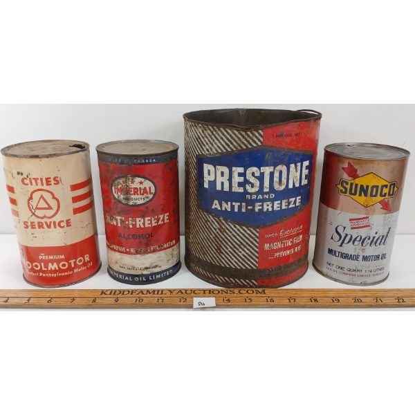 LOT OF 4 - PRESTONE ANTI-FREEZE, CITIES SERVICE, IMPERIAL & SUNOCO MOTOR OIL CANS - GAL & QT