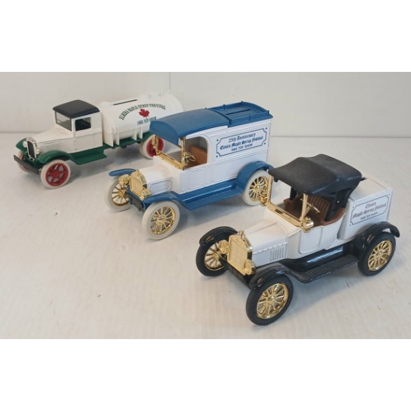 LOT OF 3 - ERTL 1913 & 1918 MODEL T & 1931 HAWKEYE DIECAST COIN BANKS - ELMIRA SYRUP