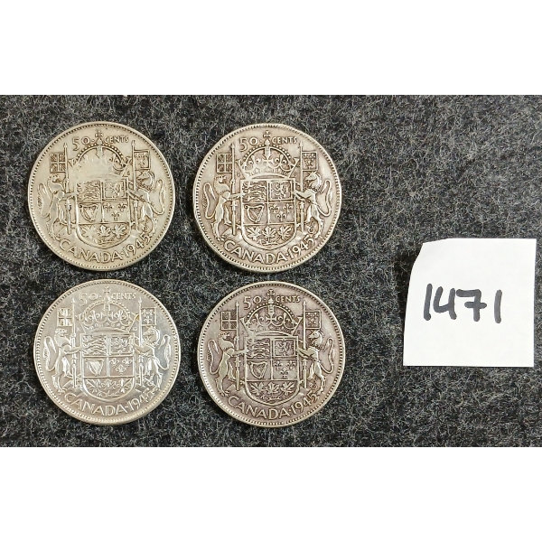 LOT OF 4 - 1945 CDN 50 CENT SILVER COINS 