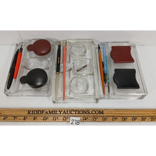 LOT OF 3 - FOUNTAIN PEN SETS - INCL PENS, TIPS, INK WELLS & GLASS TRAYS