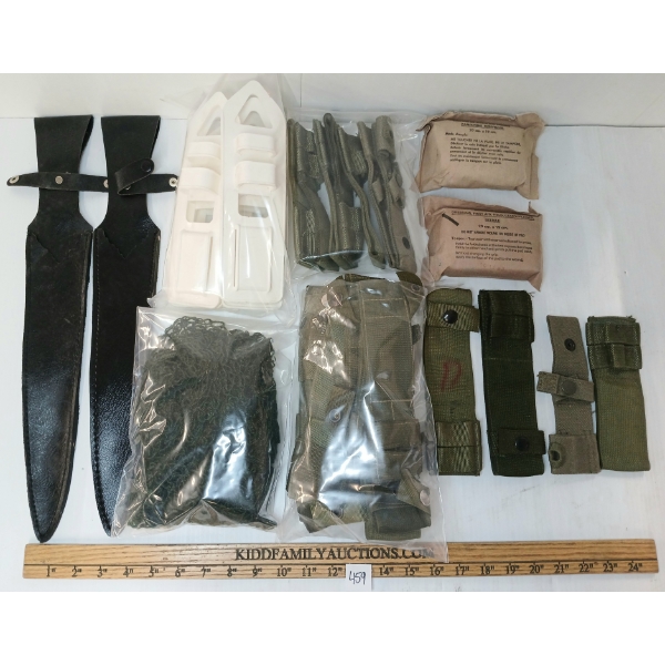 JOB LOT - CDN BAYONET FROGS, LEATHER SHEATHS, BANDAGES, HELMET NET & MISC WEB GEAR