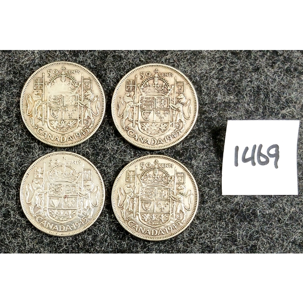 LOT OF 4 - 1945 CDN 50 CENT SILVER COINS 