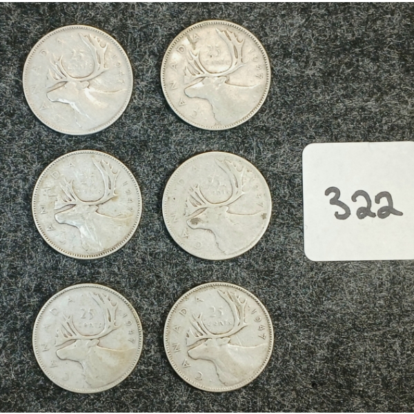 LOT OF 6 - 1947 CDN 25 CENT COINS 