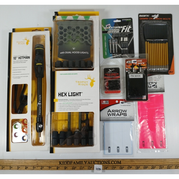 LOT OF 8 - TROPHY RIDGE HEX LIGHT, 10IN HITMAN STABILIZER, LIGHTED NOCKS, ETC - NIB