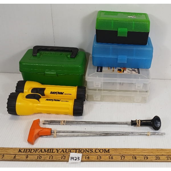 JOB LOT - AMMO CASES - CLEANING RODS - FLASHLIGHT, ETC