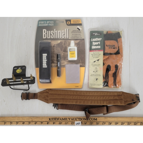 LOT OF 4 - UNCLE MIKE'S RIFLE SLING, LEATHER SPORTS GLOVES, BUSHNELL OPTIC PK & COBRA PIN SIGHT