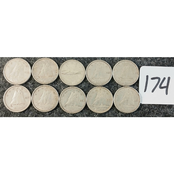 LOT OF 10 - 1941, 1960, 1961, 1963, 1965, 1967 CDN 10 CENT COINS