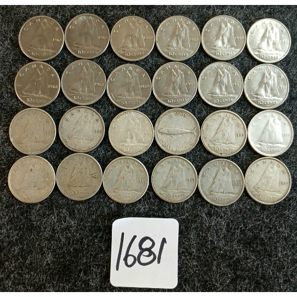 LOT OF 24 - 1953-1968 CDN 10 CENT COINS