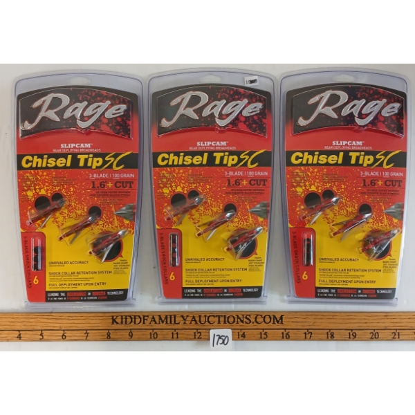 LOT OF 3 - RAGE SLIPCAM REAR DEPLOYING BROADHEADS - 100GR - 3 BLADE