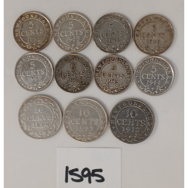LOT OF 10 - 1894-1945 NEWFOUNDLAND 5 & 10 CENT SILVER COINS